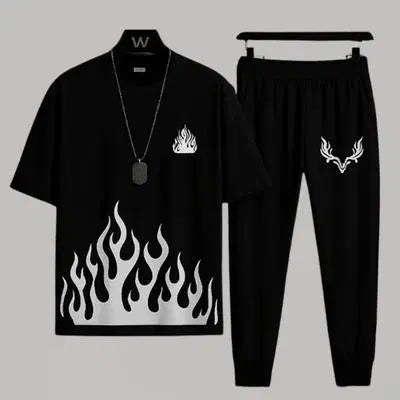 Men's Polyester Printed Track Suit - 2 Pcs Set in Black